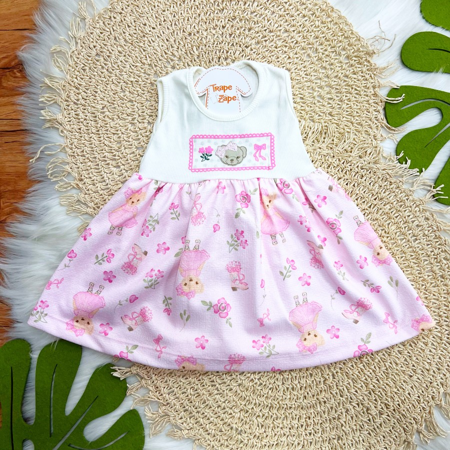 Vestido Ribana Ursinhas - Off White e Rosa